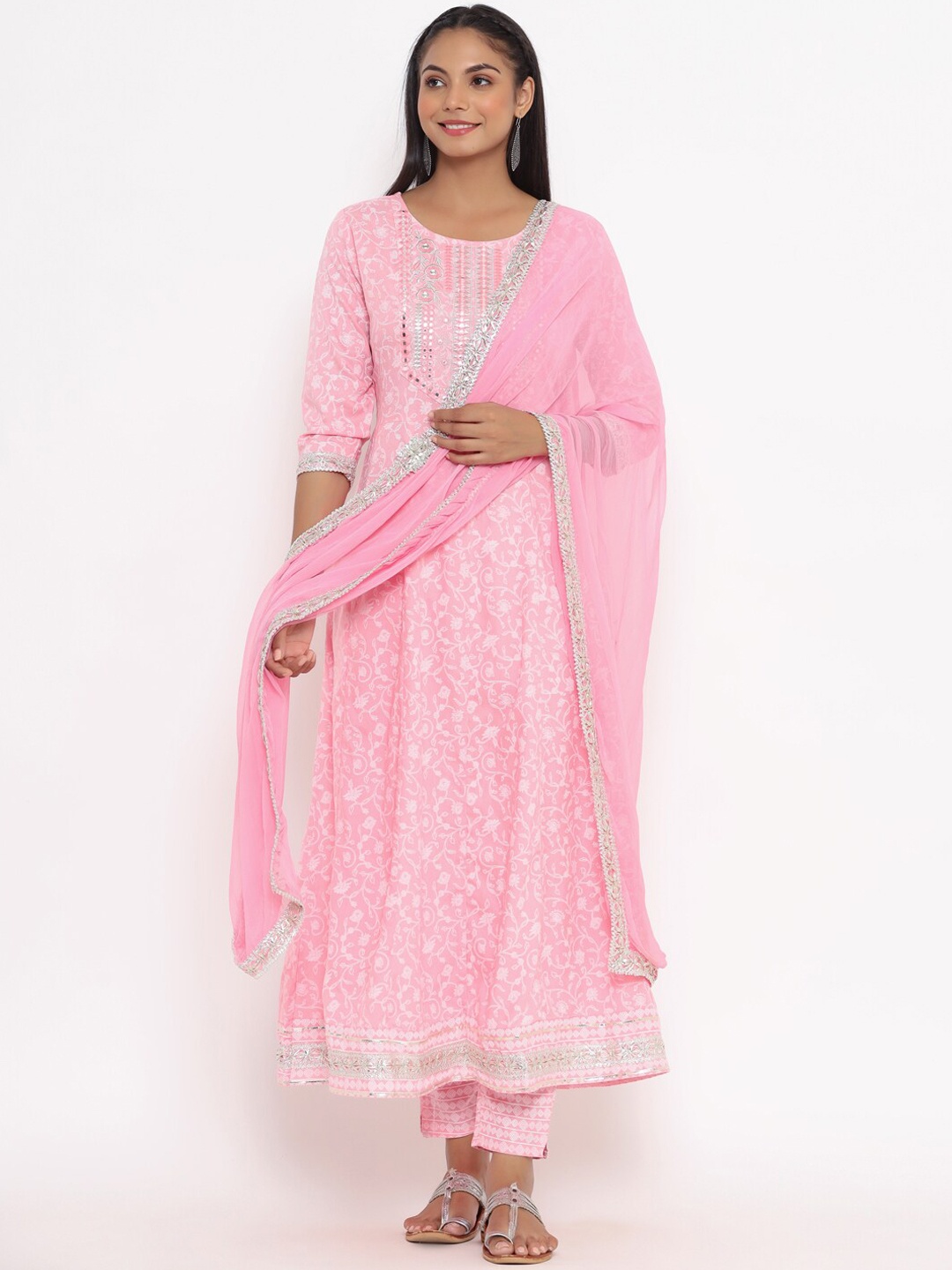 

UNISETS Women Pink Ethnic Motifs Panelled Kurta with Trousers & With Dupatta