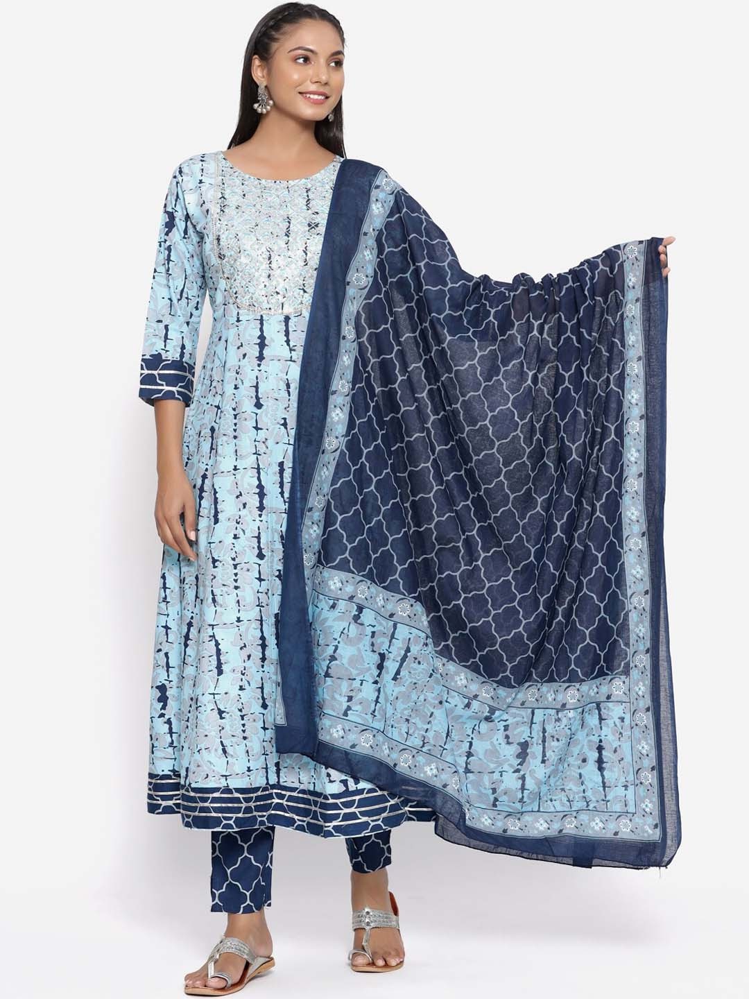 

UNISETS Women Blue Printed Empire Kurta with Trousers & With Dupatta