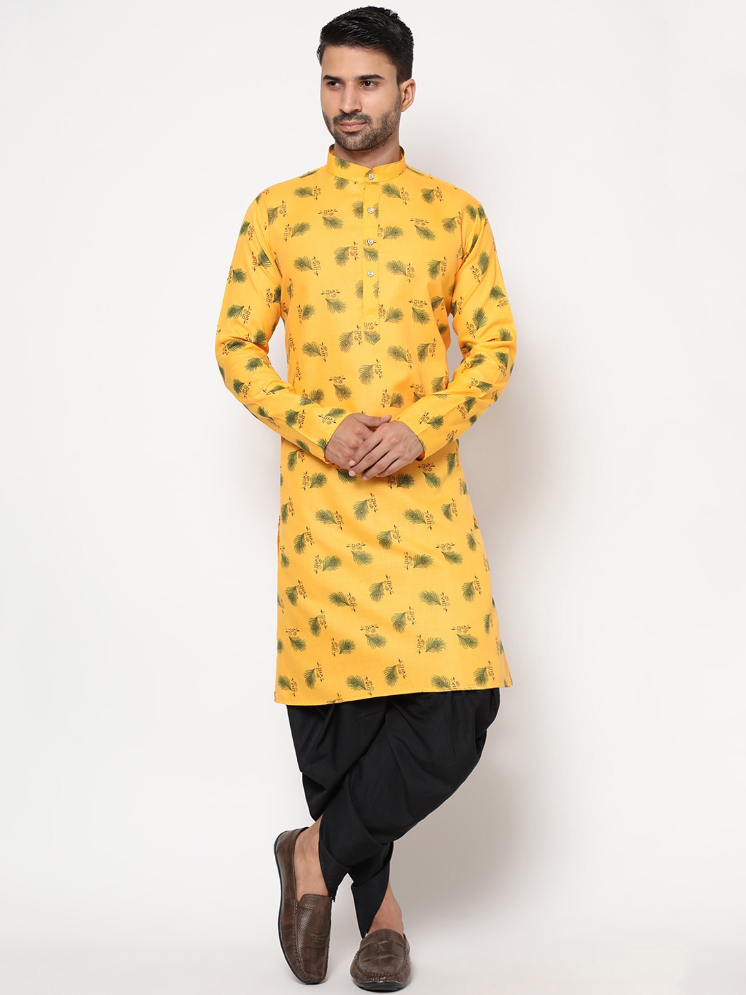 

PEONY SMART WORLD Men Yellow Printed Kurta with Dhoti Pants