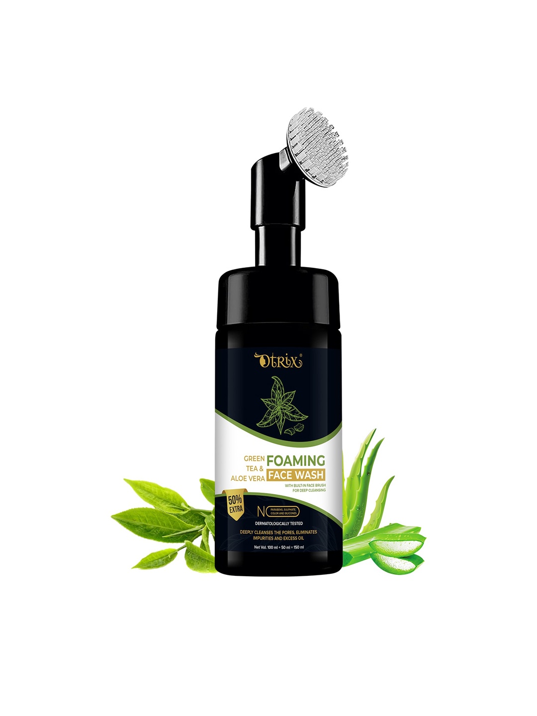 

Otrix Green Tea & Aloe Vera Foaming Face Wash with Built In Brush - 150 ml, Black