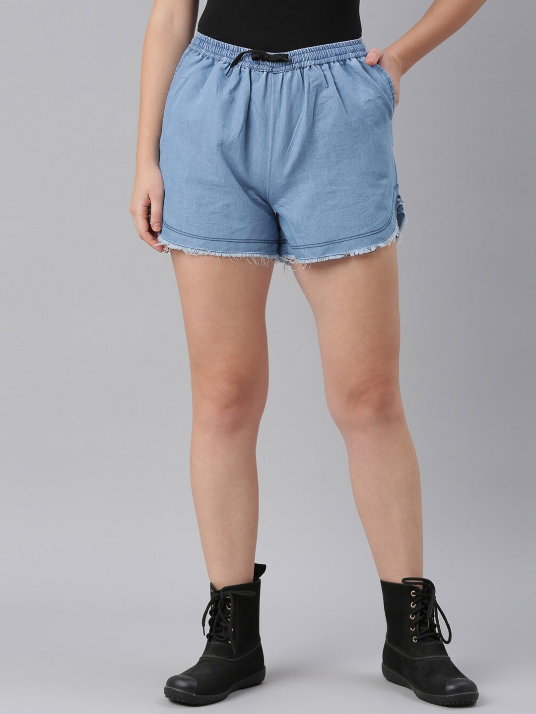 

ZHEIA Women Blue Solid Cotton Loose Fit Shorts