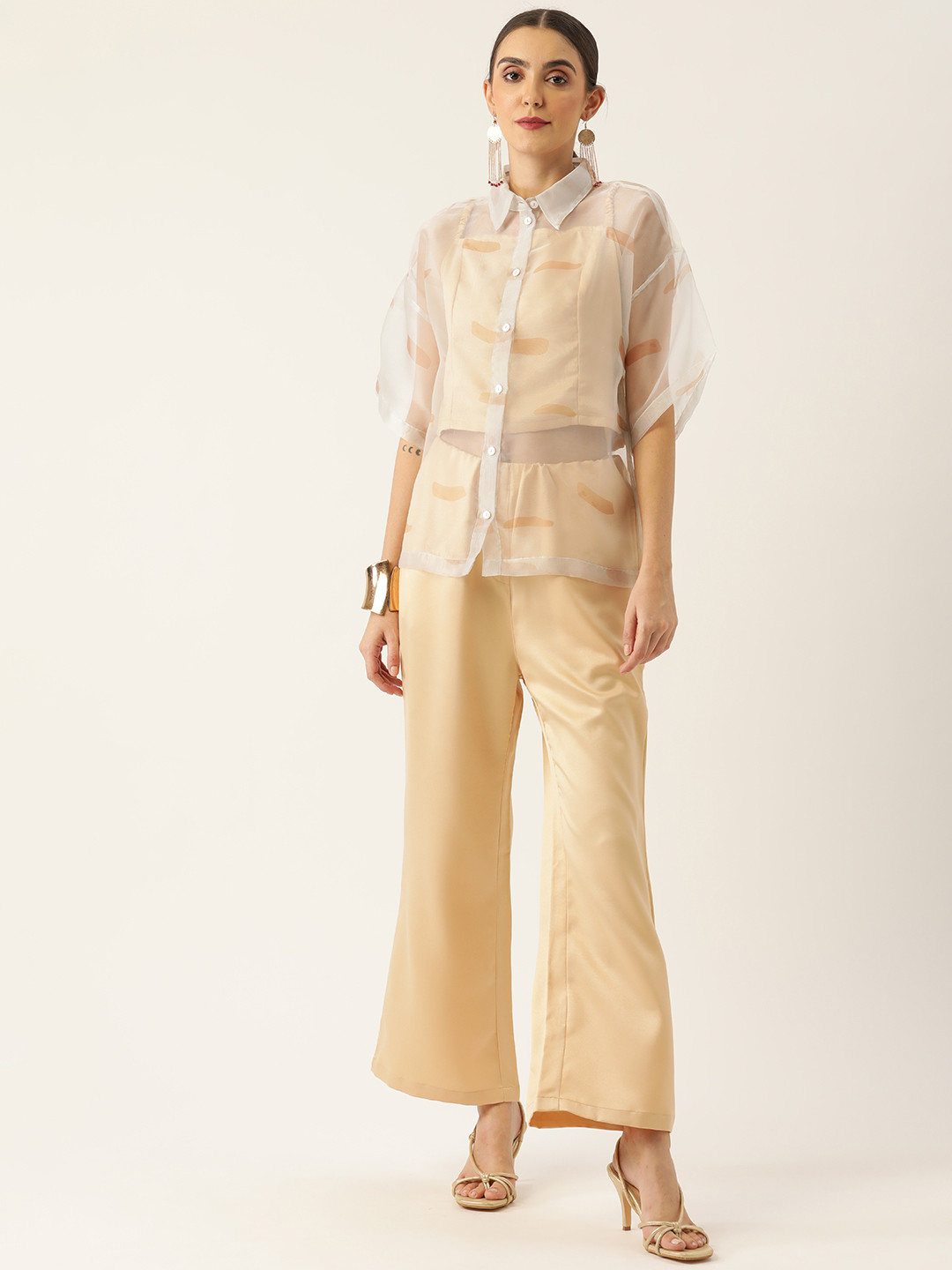 

LILL Women Off-White & Beige Printed Shirt & Trousers Set