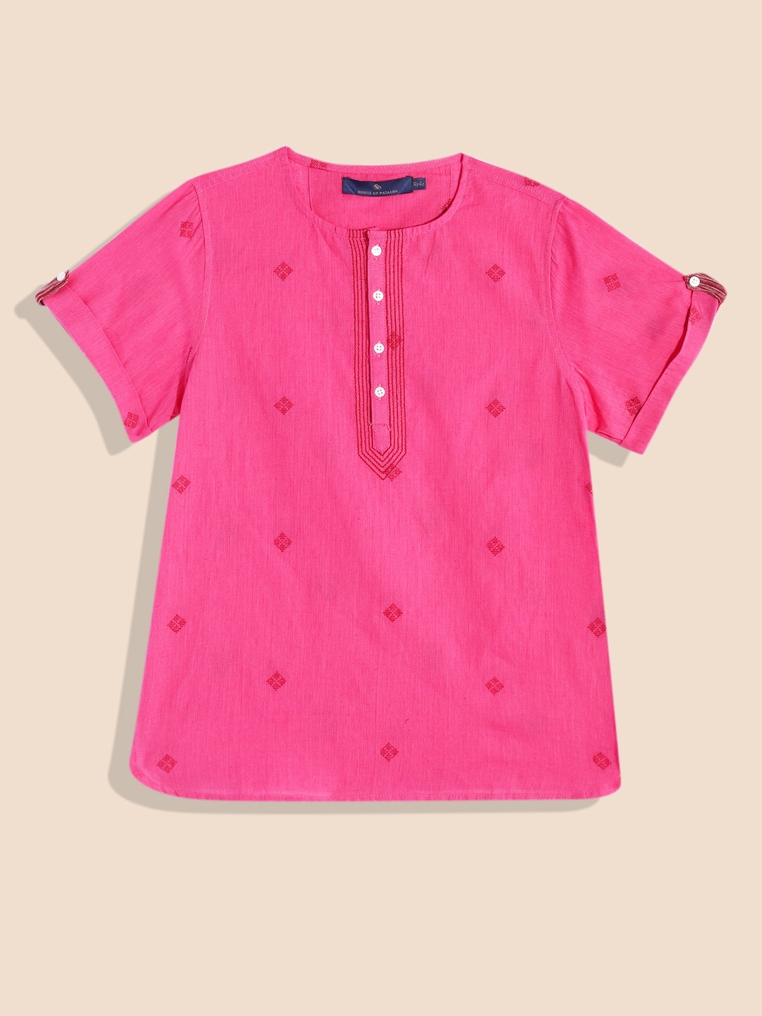

House of Pataudi Boys Pink Geometric Printed Pure Cotton Kurta