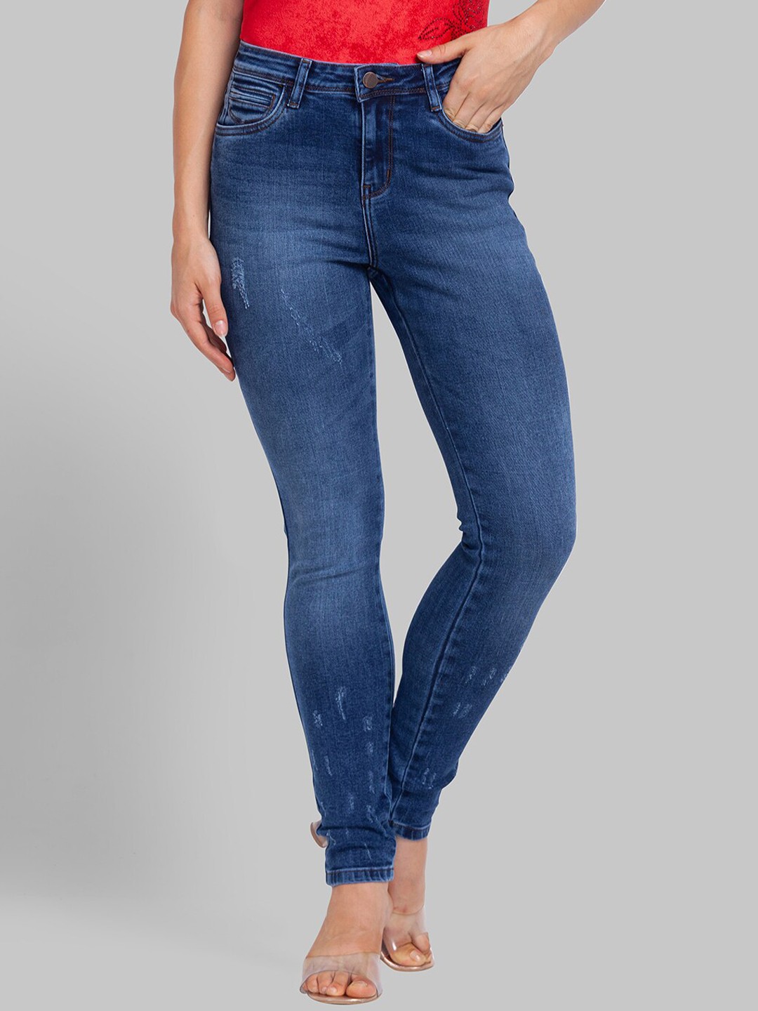 

Parx Women Blue Skinny Fit Mildly Distressed Light Fade Jeans