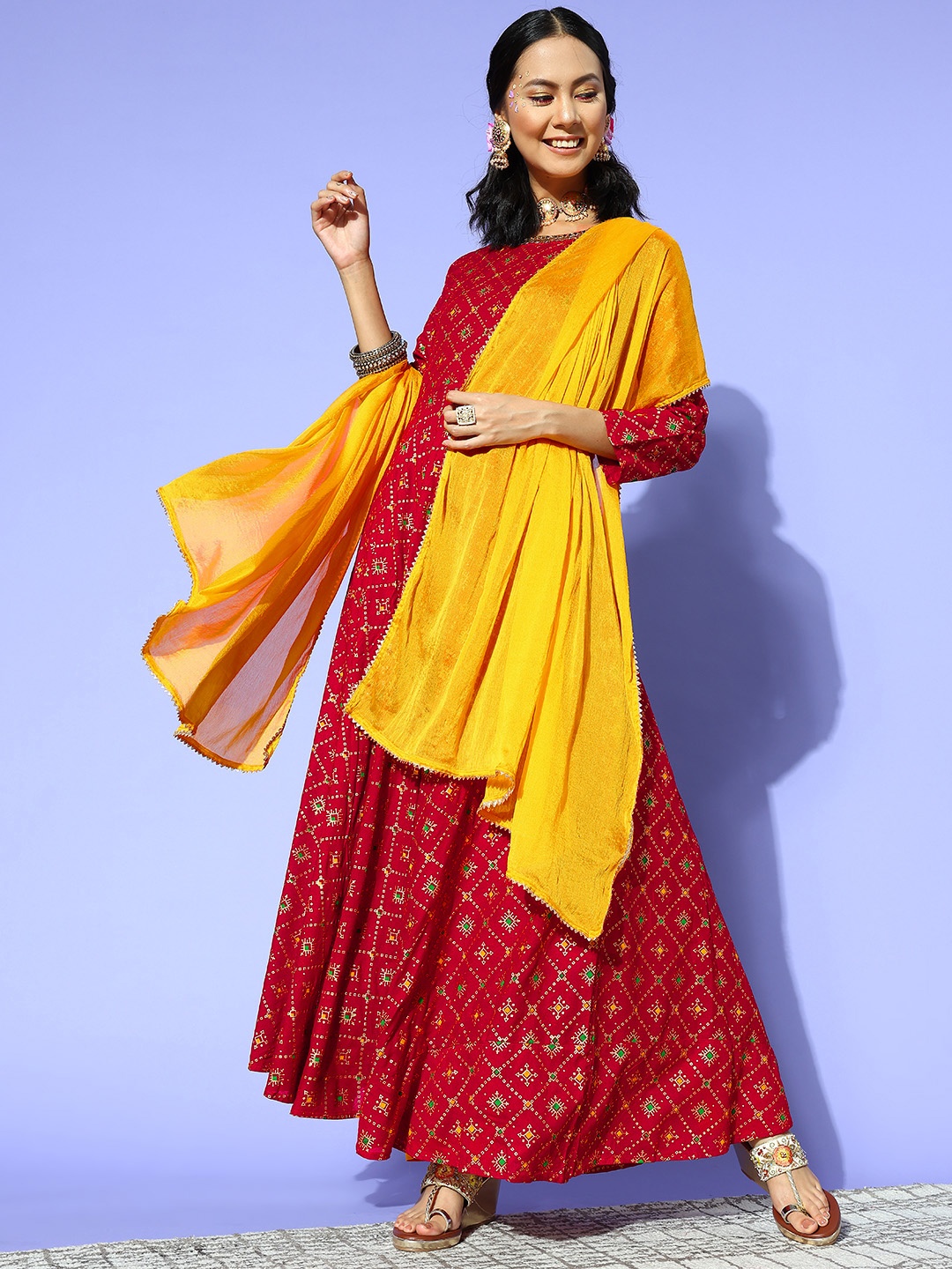 

Kvsfab Women Charming Red Silk Swirling Volume Kurta
