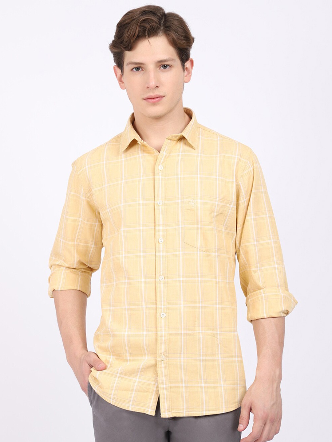 

Cantabil Men Mustard Windowpane Checks Checked Casual Shirt