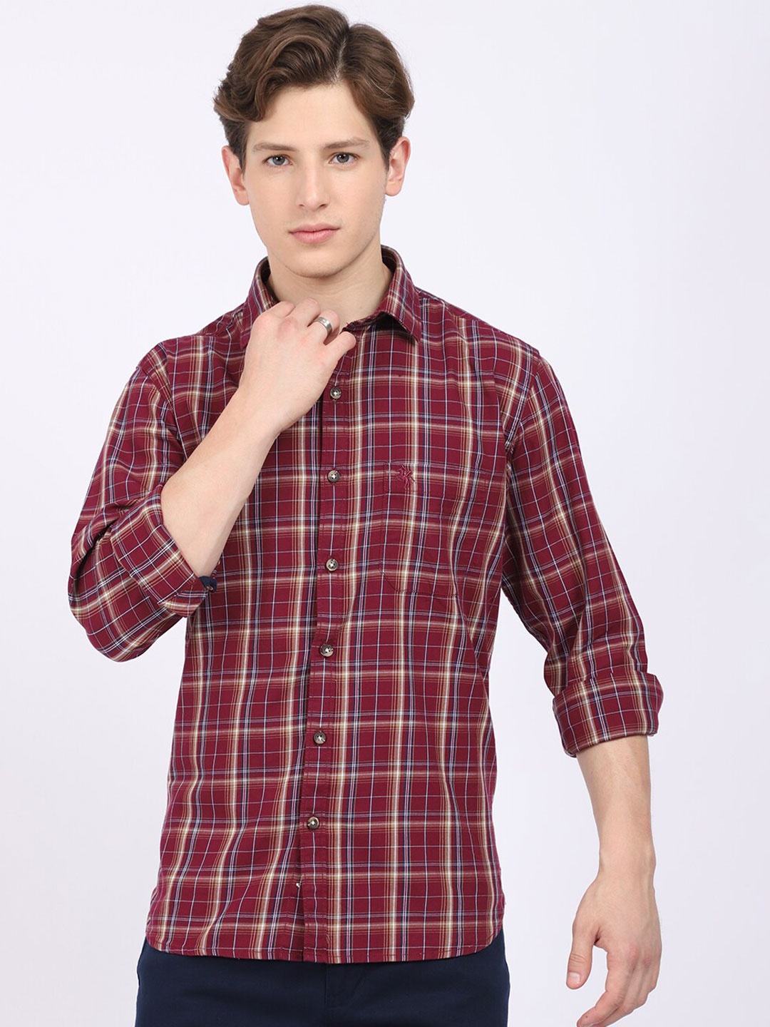 

Cantabil Men Maroon Tartan Checks Checked Casual Shirt