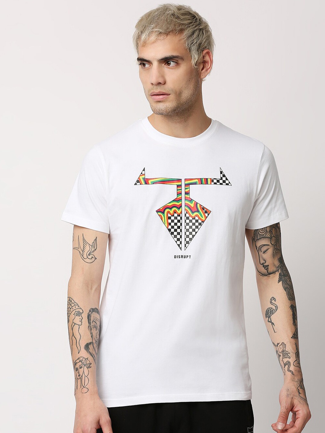 

Disrupt Men White Typography Printed Bio Finish Applique T-shirt