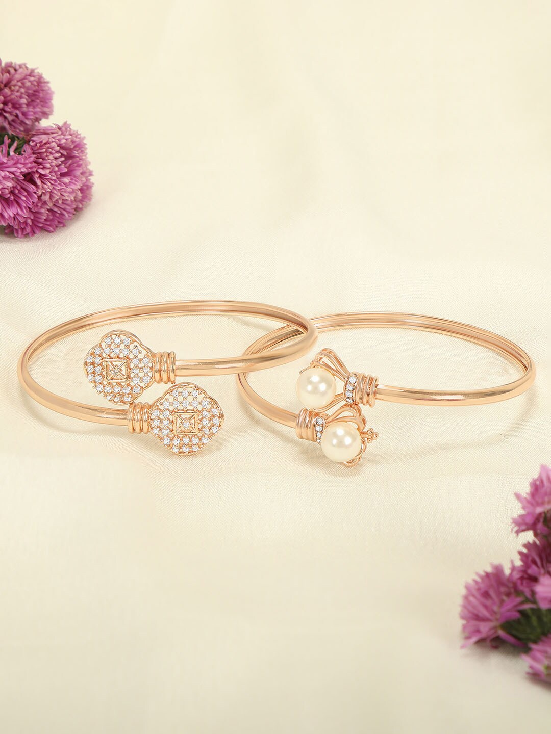 

ZINU Women 2 Rose Brass Cubic Zirconia Rose Gold-Plated Cuff Bracelet