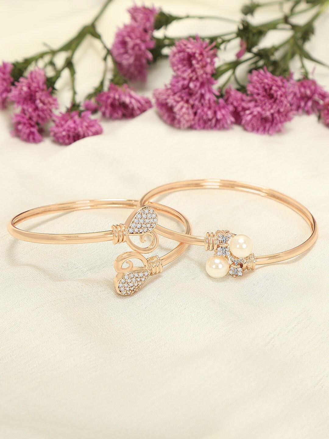 

ZINU Women 2 Rose Brass Cubic Zirconia Rose Gold-Plated Cuff Bracelet