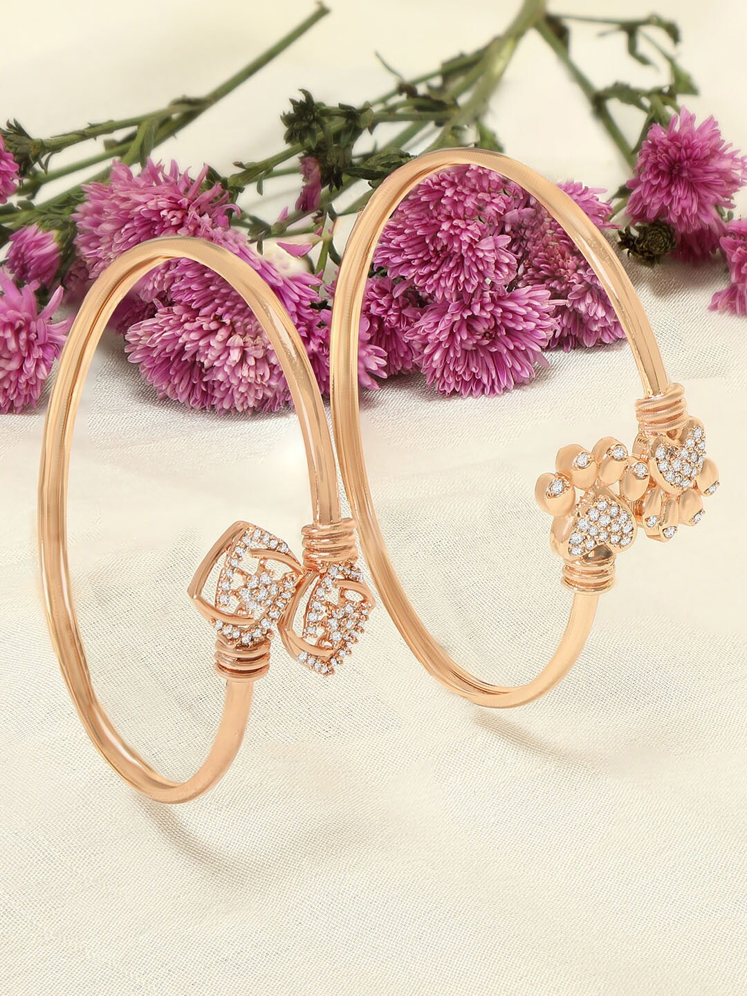 

ZINU Women 2 Rose Brass Cubic Zirconia Rose Gold-Plated Cuff Bracelet