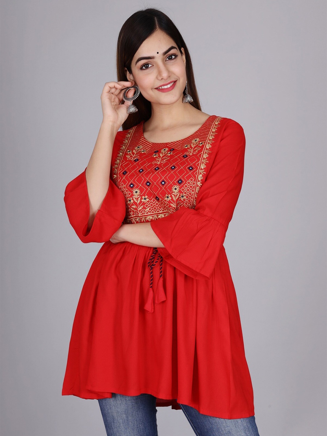 

KALINI Red Floral Embroidered Longline Top