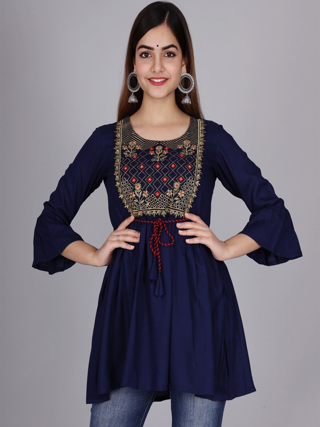 

KALINI Blue Floral Embroidered Longline Top