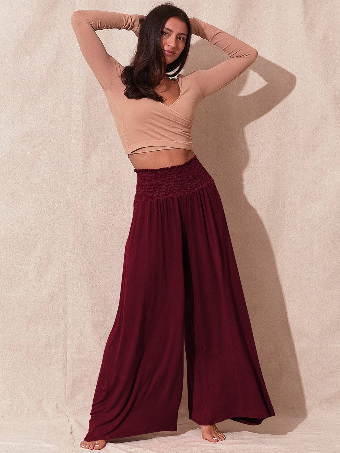 

BoStreet Women Maroon Solid Flared High-Rise Parallel Trousers