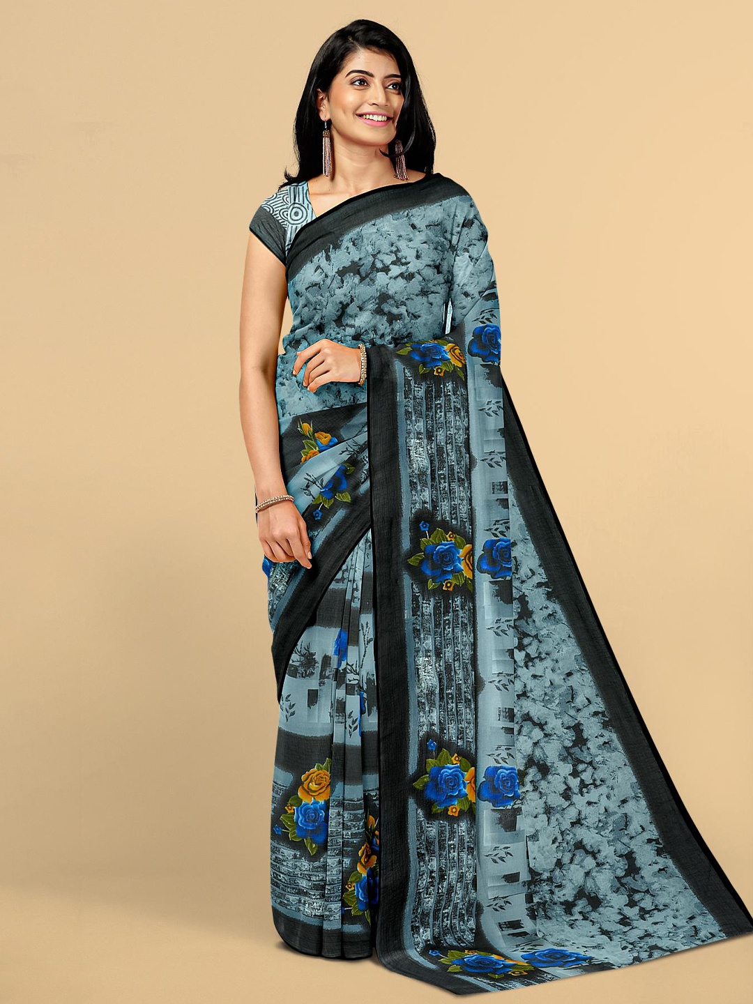 

Kalamandir Grey & Blue Floral Saree