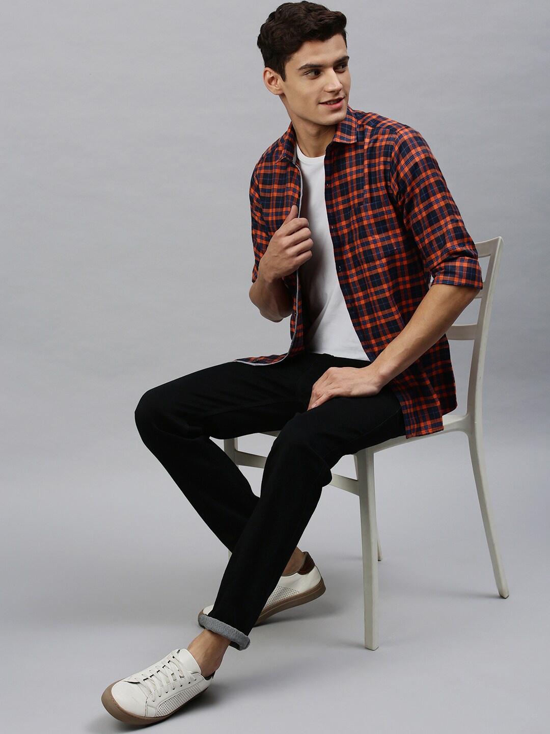 

Sanwara Men Orange Tartan Checked Cotton Straight Slim Fit Casual Shirt