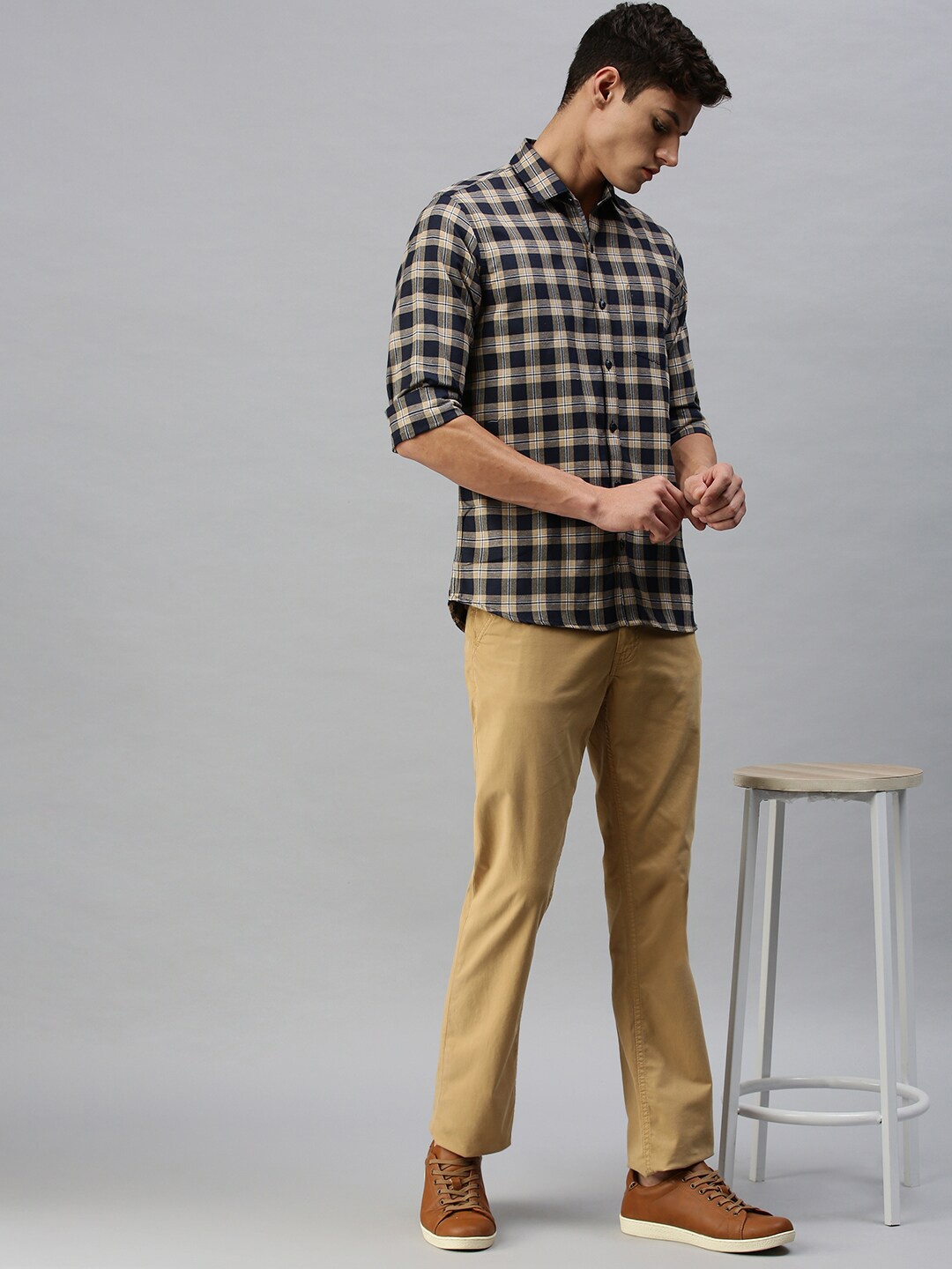 

Sanwara Men Beige Straight Slim Fit Tartan Checked Casual Shirt