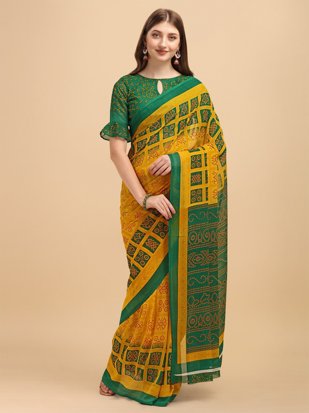 

Sangria Yellow & Green Bandhani Saree