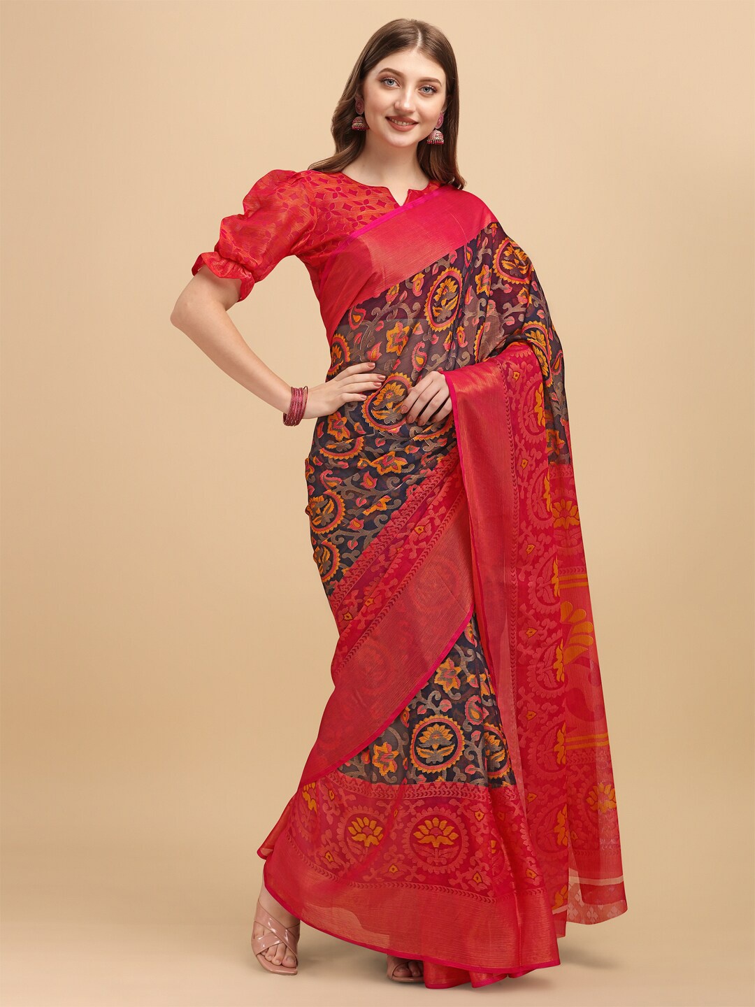 

Sangria Pink & Red Floral Brasso Saree