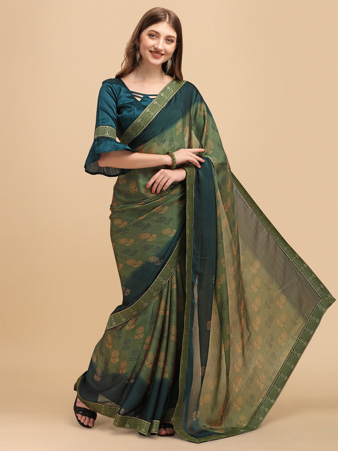 

Sangria Green & Orange Floral Saree