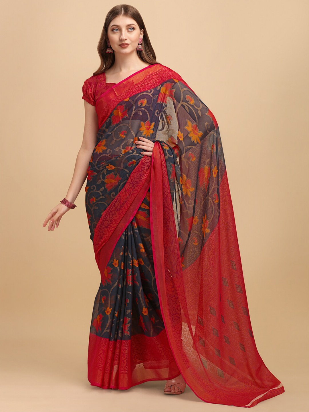 

Sangria Pink & Yellow Floral Brasso Saree