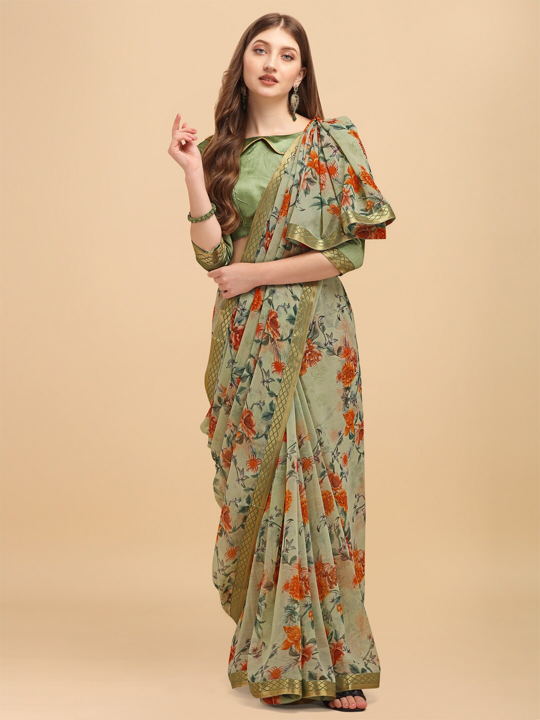 

Sangria Green & Orange Floral Saree