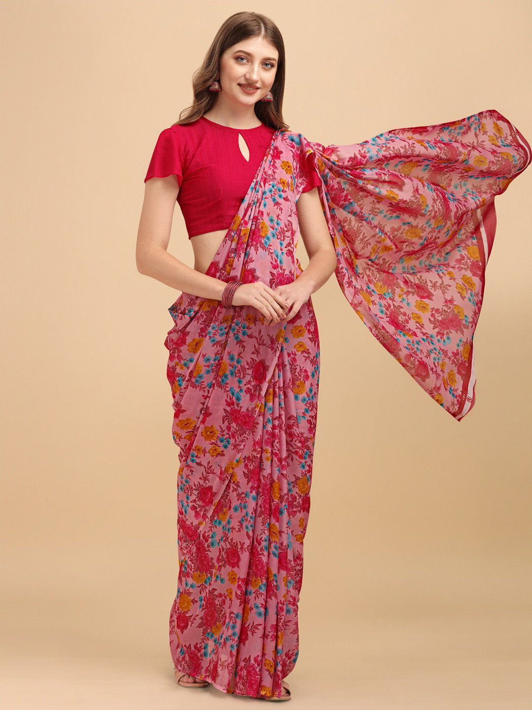 

Sangria Pink & Blue Floral Saree