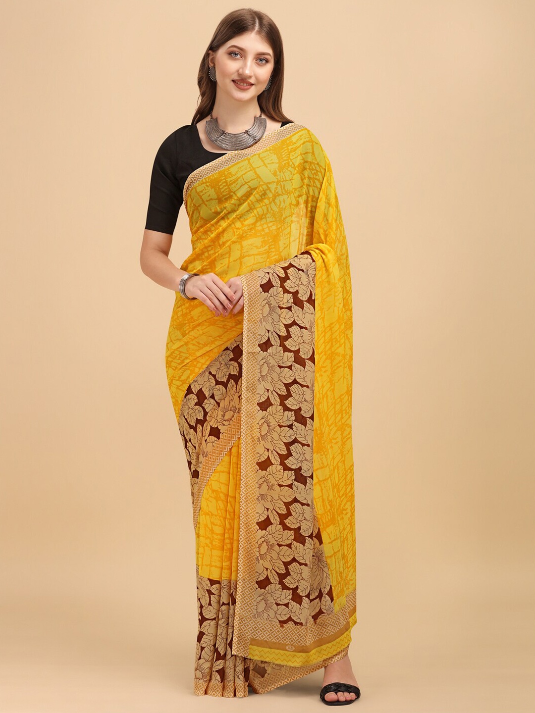 

Sangria Yellow & Brown Floral Saree