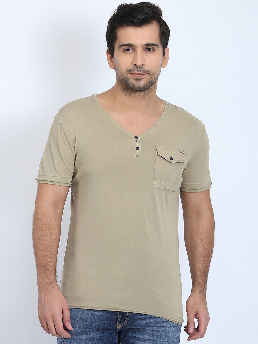 

Antony Morato Men Olive Green V-Neck Slim Fit T-shirt