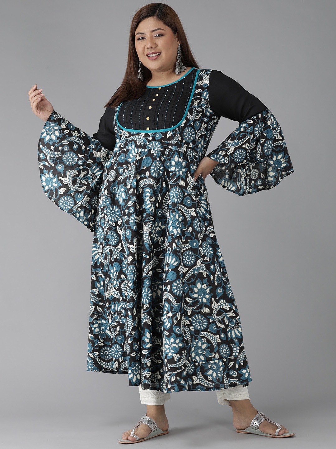

YASH GALLERY Plus Size Women Black & Blue Ethnic Printed Anarkali Kurta