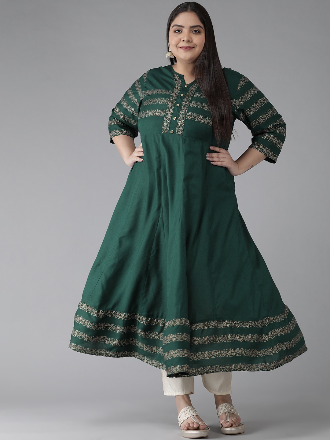 

YASH GALLERY Plus Size Women Green & Golden Striped Kurta