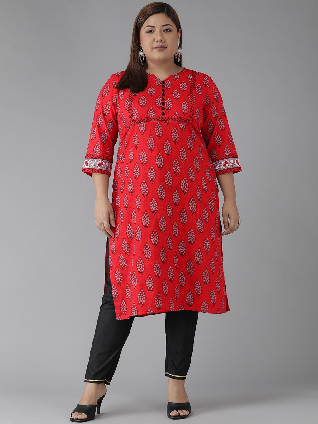 YASH GALLERY Plus Size Women Red & Grey Ethnic Motifs Printed Kurta
