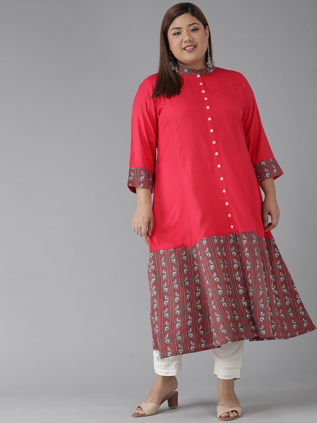 

YASH GALLERY Women Plus Size Pink & White Floral Printed Kurta