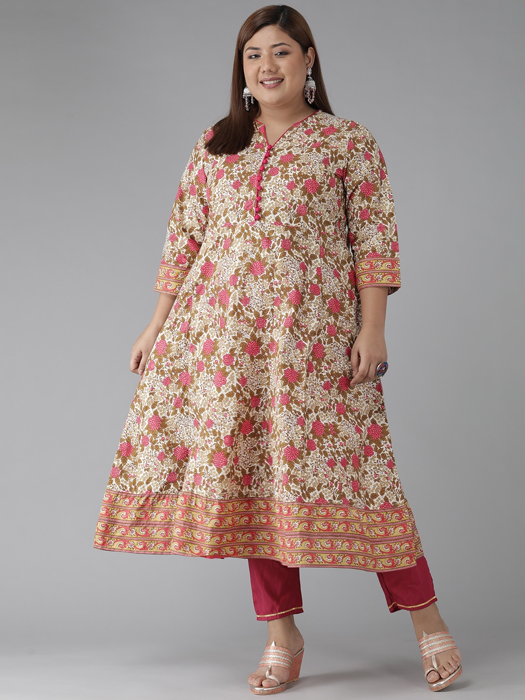 

YASH GALLERY Plus Size Women Off White & Brown Floral Printed Floral Kurta