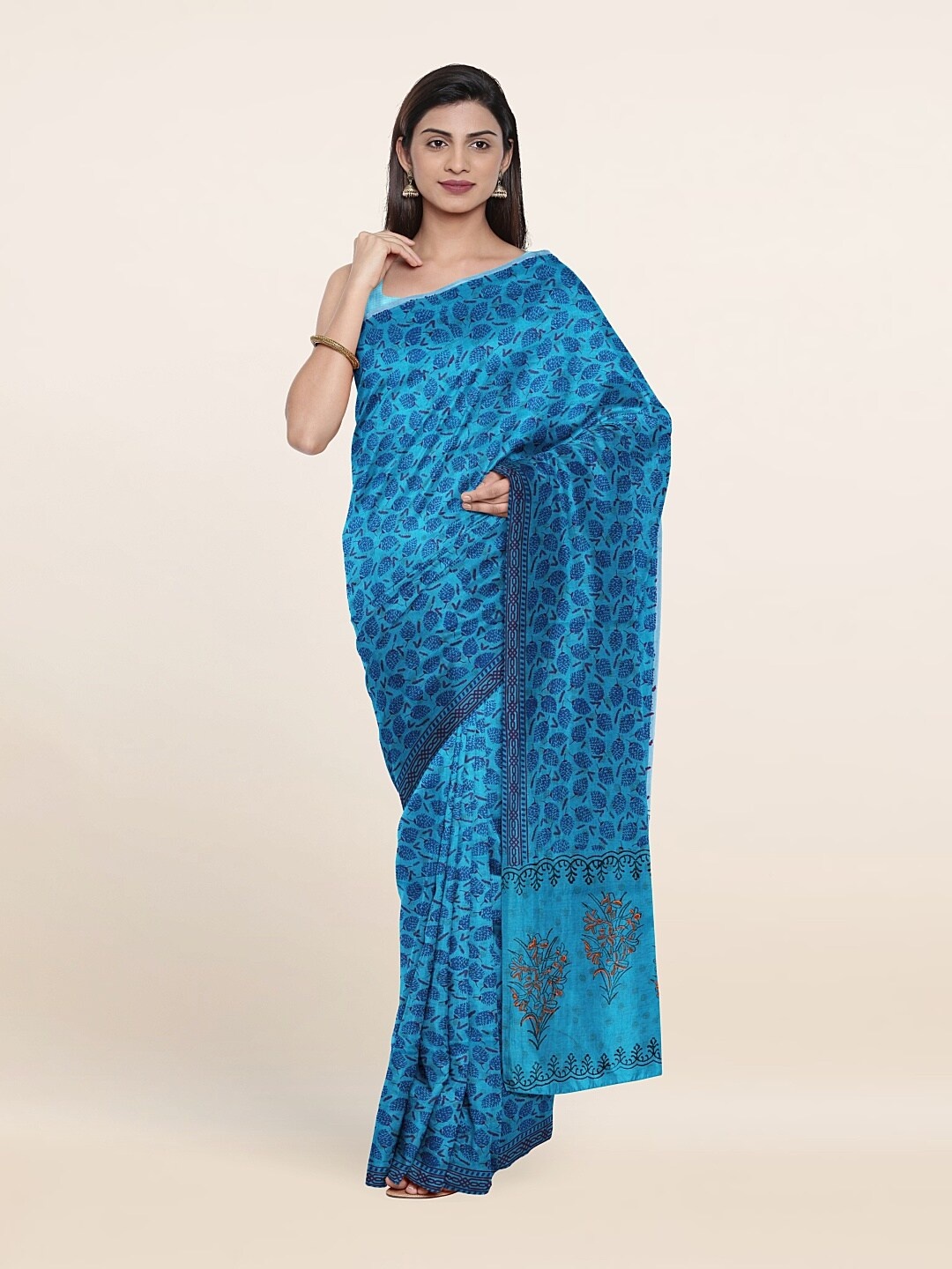 

Pothys Blue & Orange Floral Pure Cotton Saree