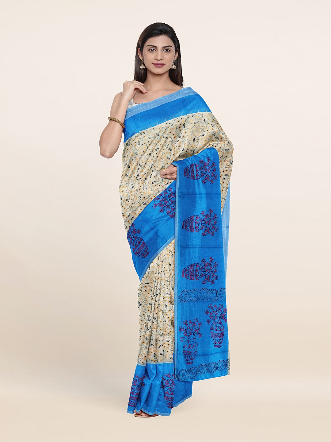 

Pothys Cream-Coloured & Blue Floral Pure Cotton Saree