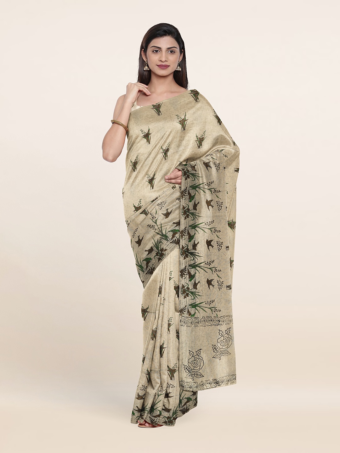 

Pothys Cream-Coloured & Green Floral Pure Cotton Saree