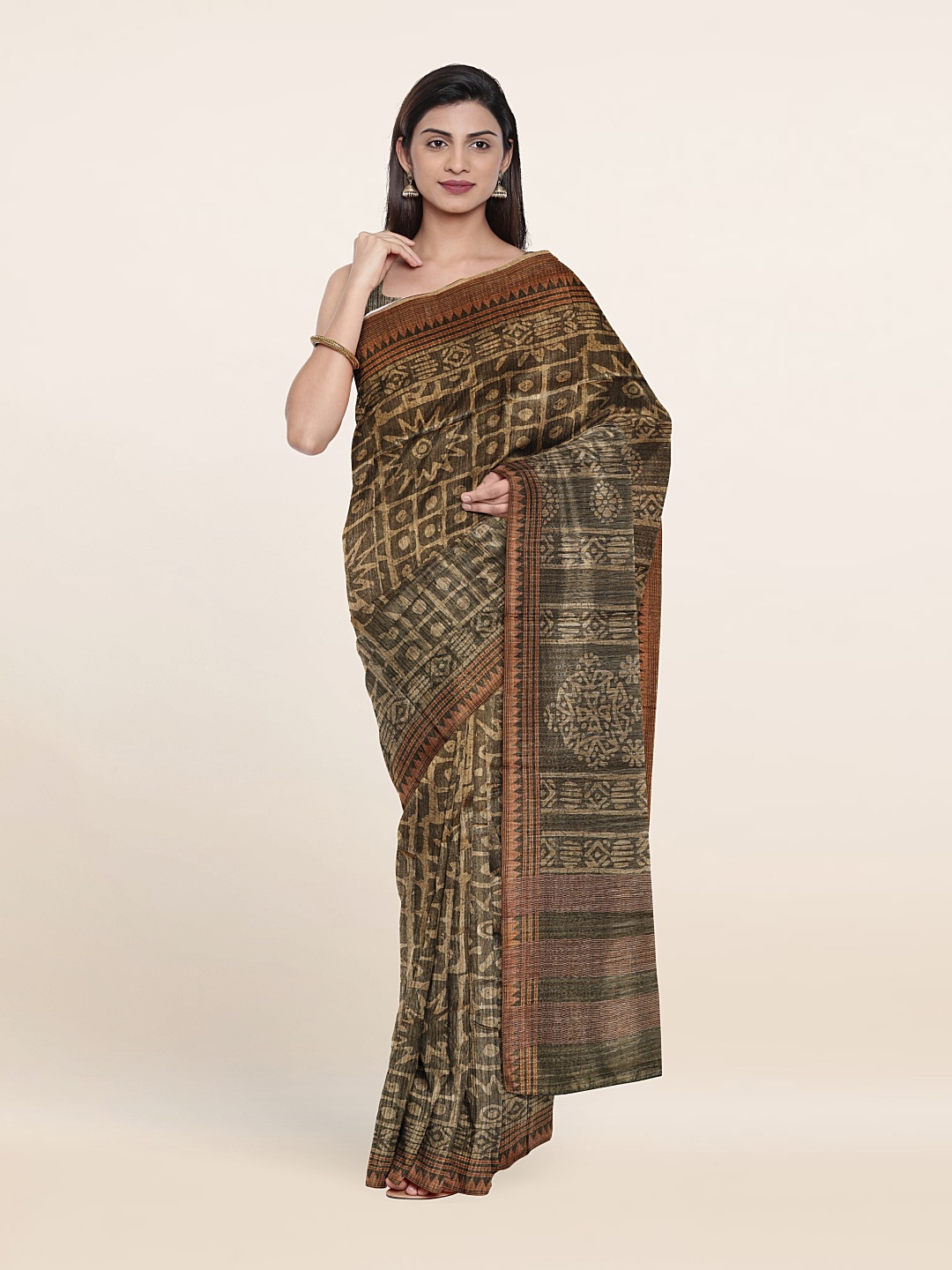 

Pothys Green & Brown Floral Pure Tasser Silk Saree