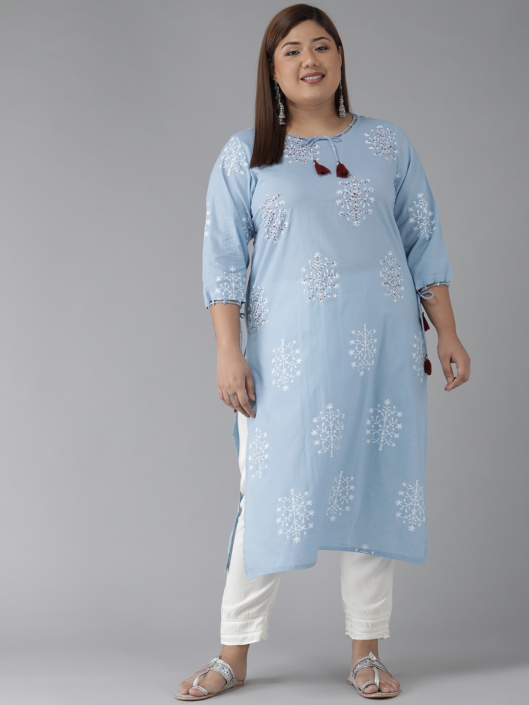 YASH GALLERY Plus Size Women Blue & White Ethnic Printed Thread Work Kurta