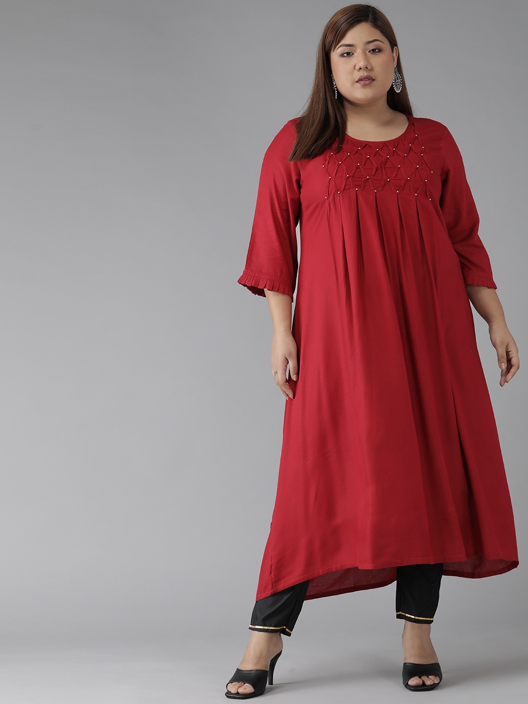 

YASH GALLERY Women Plus Size Maroon & Off White Beaded Kurta