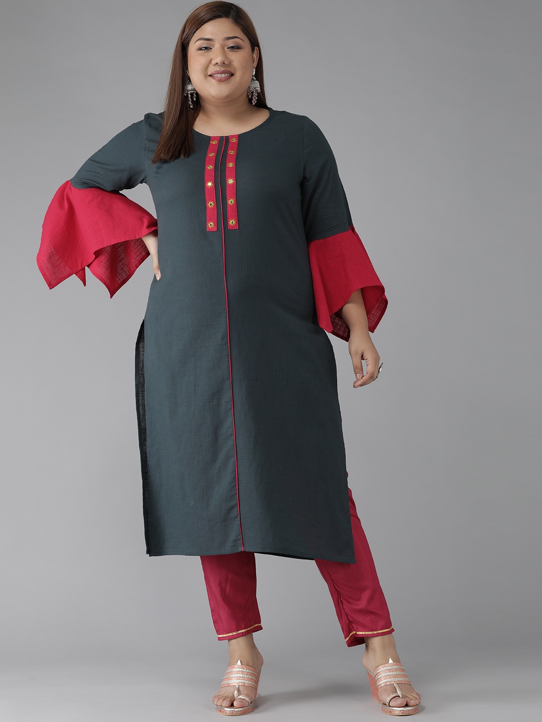 

YASH GALLERY Plus Size Women Charcoal Grey & Red Solid Mirror Work Kurta