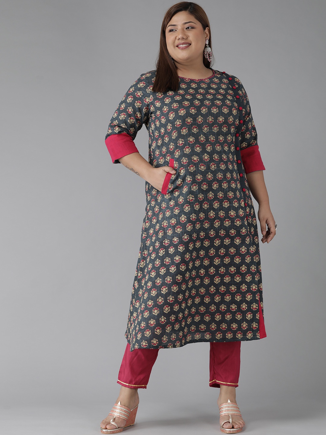 

YASH GALLERY Plus Size Women Charcoal Grey & Beige Ethnic Printed Kurta