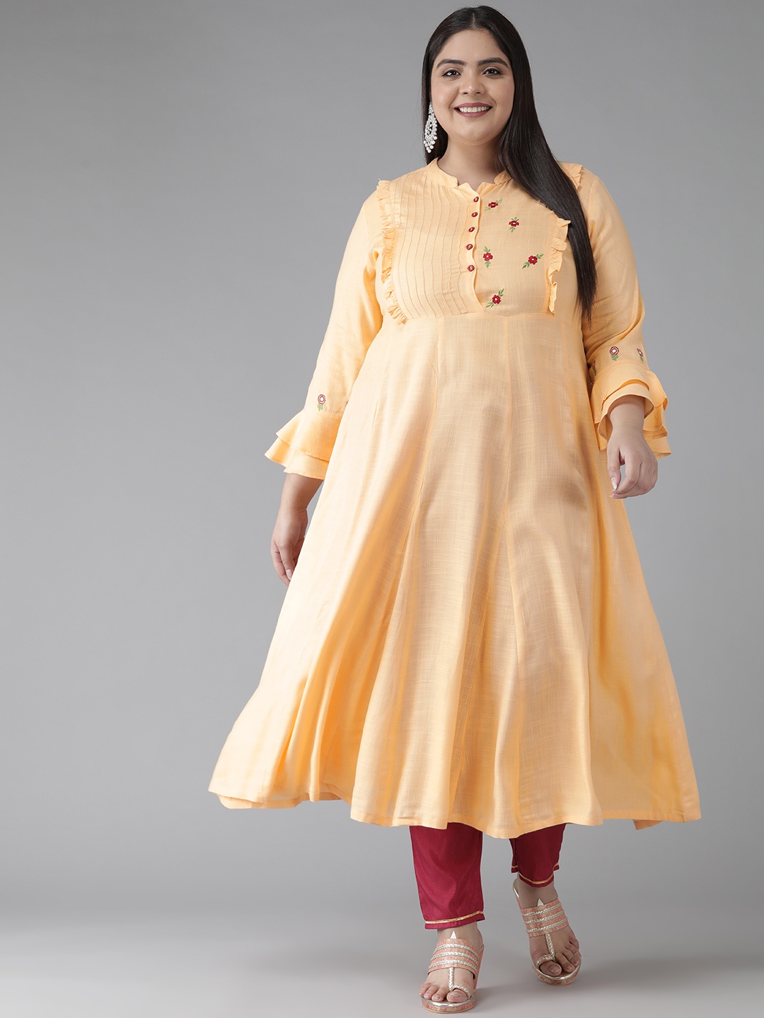

YASH GALLERY Plus Size Women Peach-Coloured Bell Sleeves Thread Work Kurta