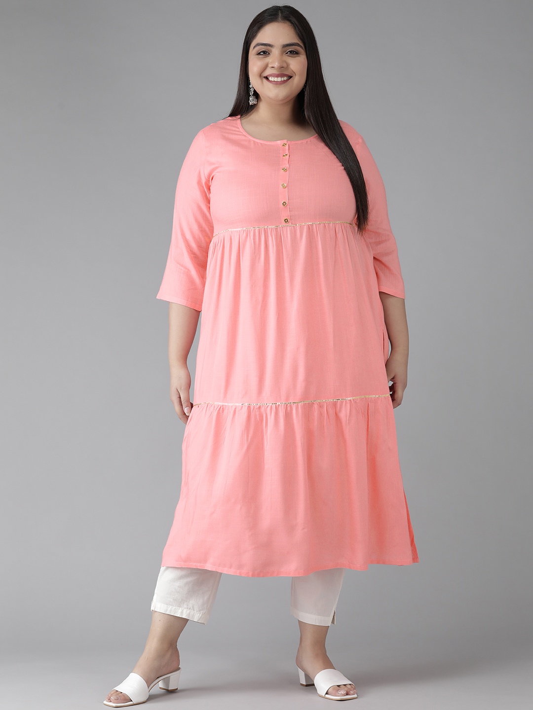 

YASH GALLERY Plus Size Women Pink Solid Gotta Patti A-Line Kurta