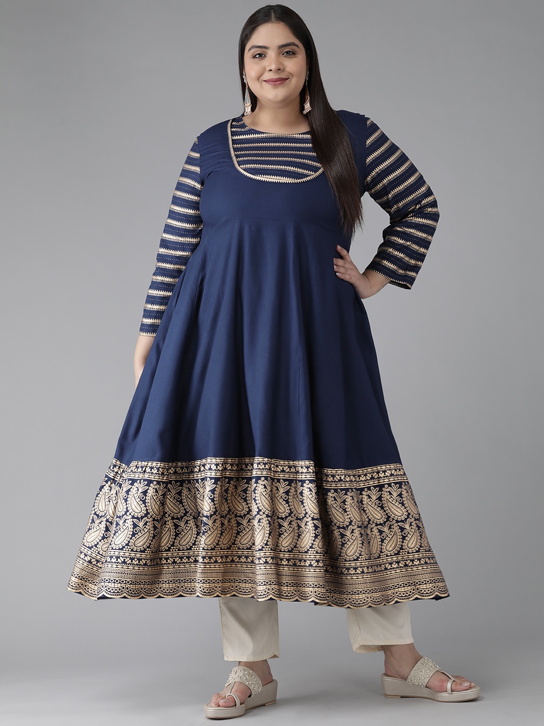 

YASH GALLERY Plus Size Women Blue & Golden Ethnic Motifs Printed Kurta
