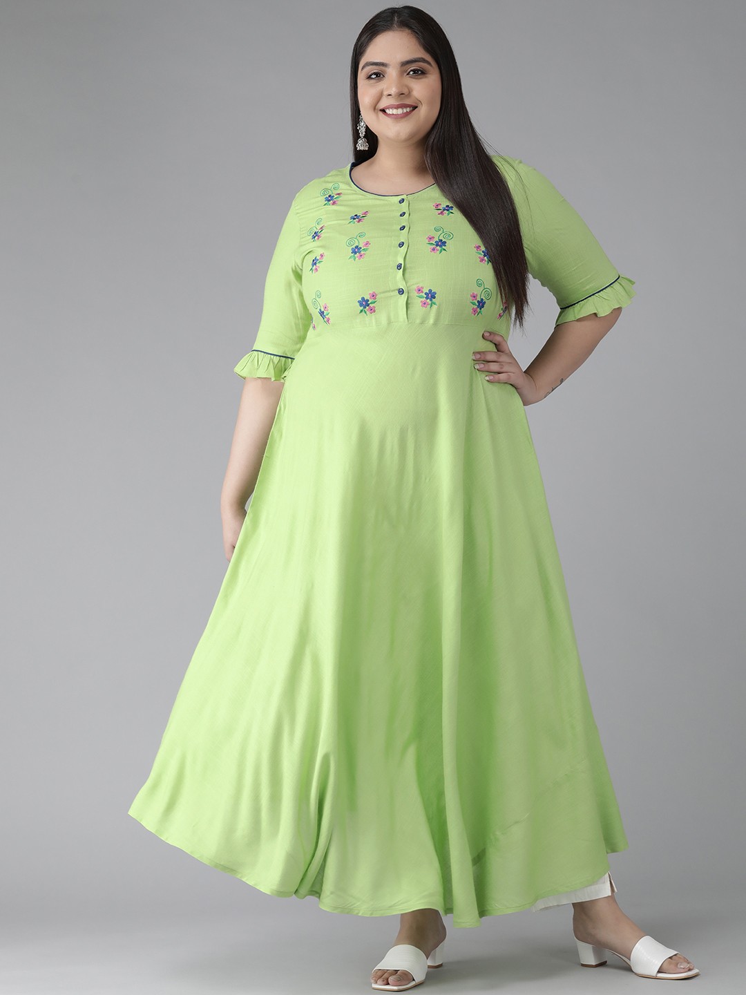 

YASH GALLERY Plus Size Women Green Ethnic Motifs Embroidered Anarkali Kurta