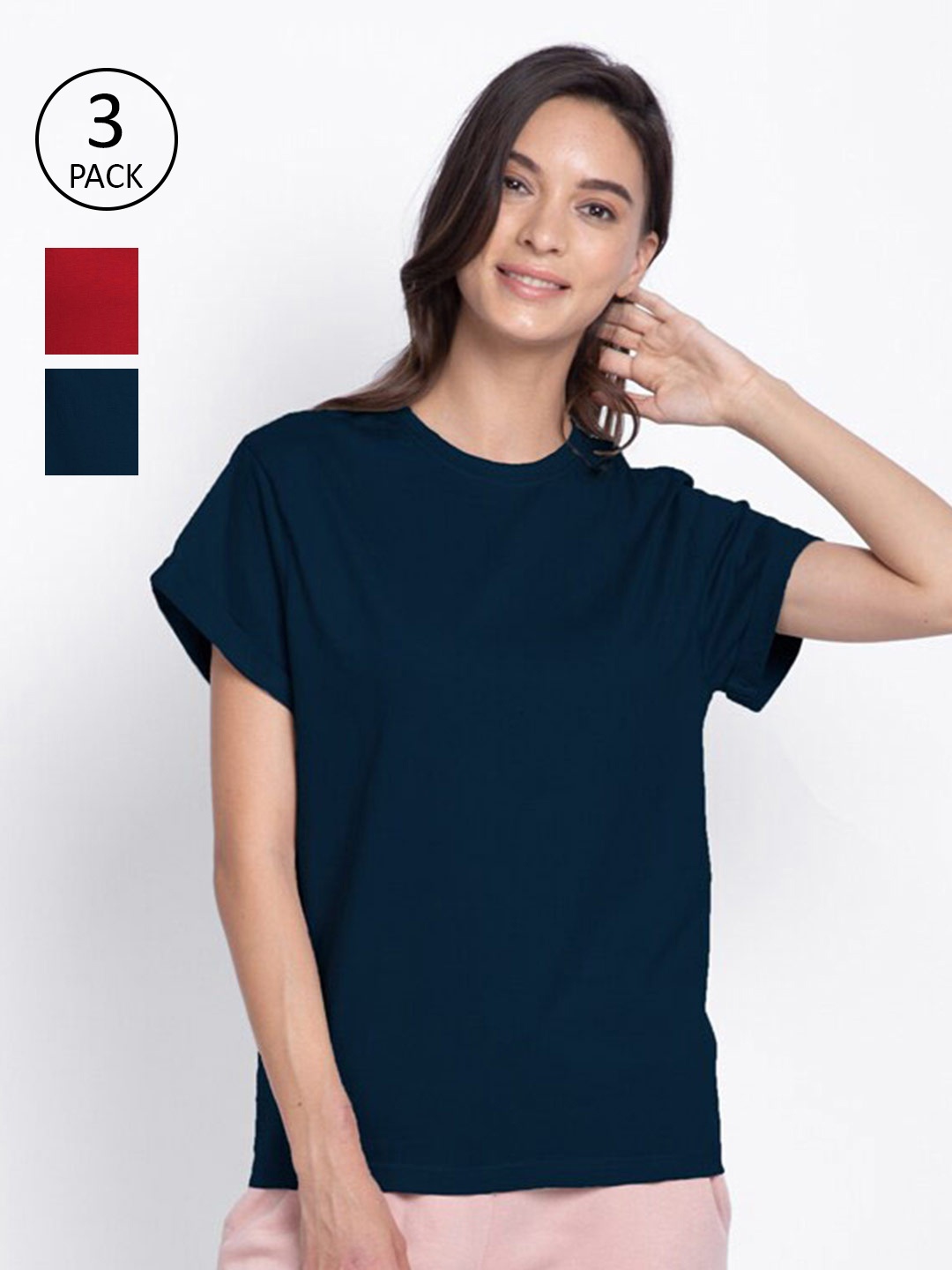 

Bewakoof Women Black & rich black 2 V-Neck Loose T-shirt