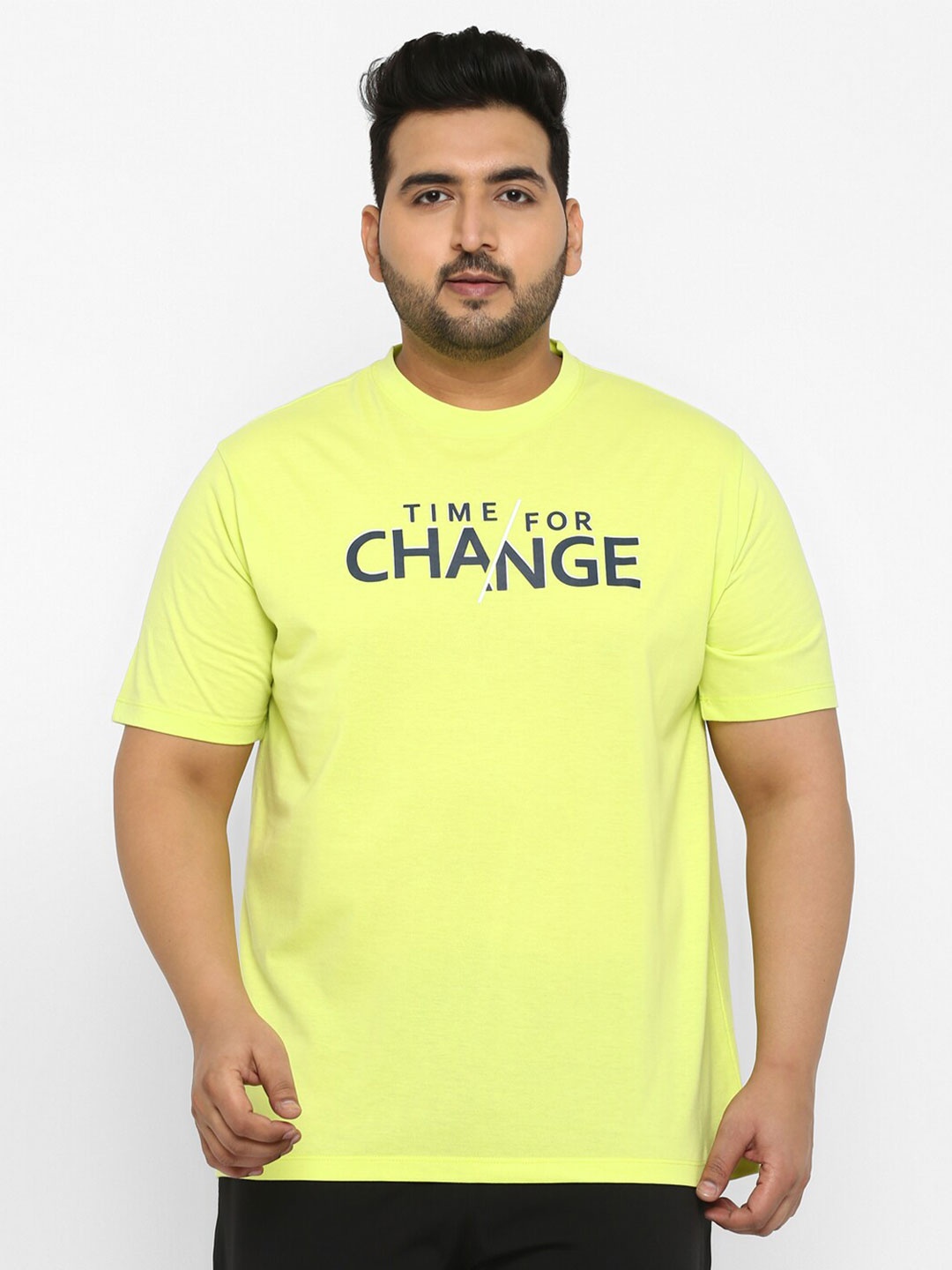 

Yuuki Men Plus Size Lime Green Typography Printed Applique T-shirt