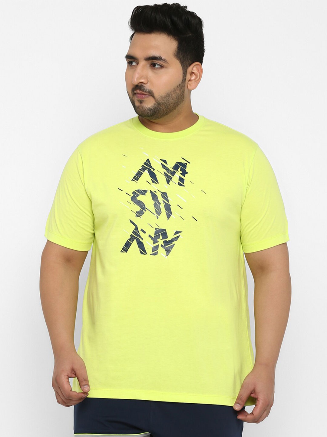 

Yuuki Men Plus Size Lime Green Typography Printed Raw Edge T-shirt