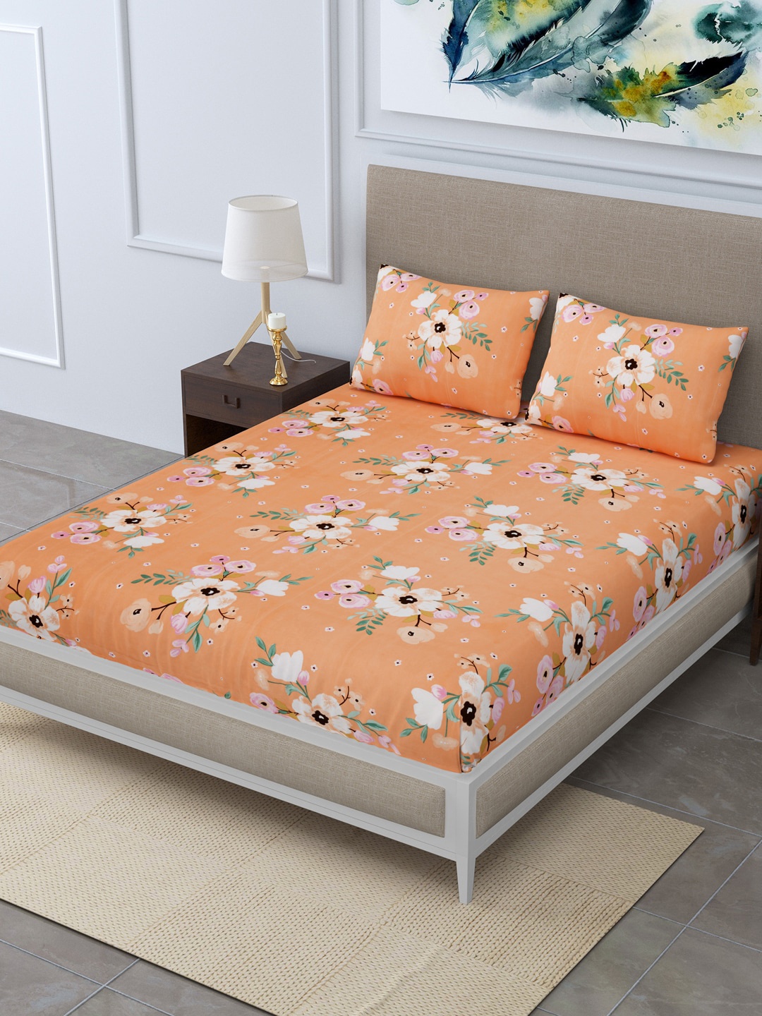 

Rudra Bazaar Orange Floral 210 TC King Bedsheet with 2 Pillow Covers